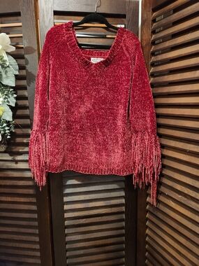 Olivers Burgundy Chenille Off-the-Shoulder Fringe Sleeve Sweater